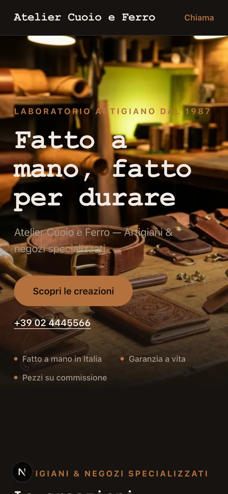 Anteprima del sito demo Atelier Cuoio e Ferro su smartphone